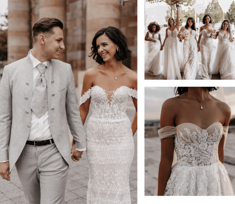 glückliches Brautpaar und Bräute vom Brautmodeladen "Hochzeitsatelier" in Kassel